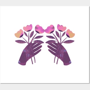 Purple hand with pink and yellow flowers for you Posters and Art